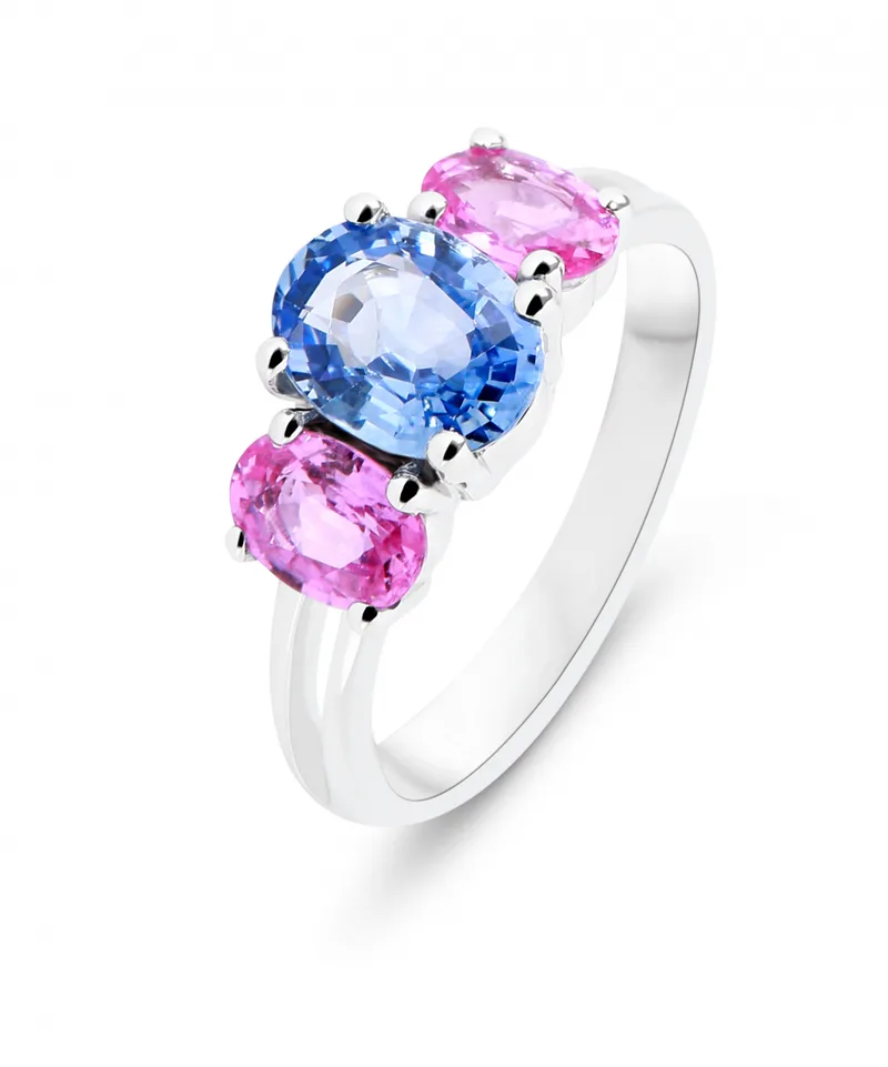 Bague Trilogie Saphir Bleu et Saphir rose en Or Blanc 750 pour femme - Bijoux Trabbia Vuillermoz